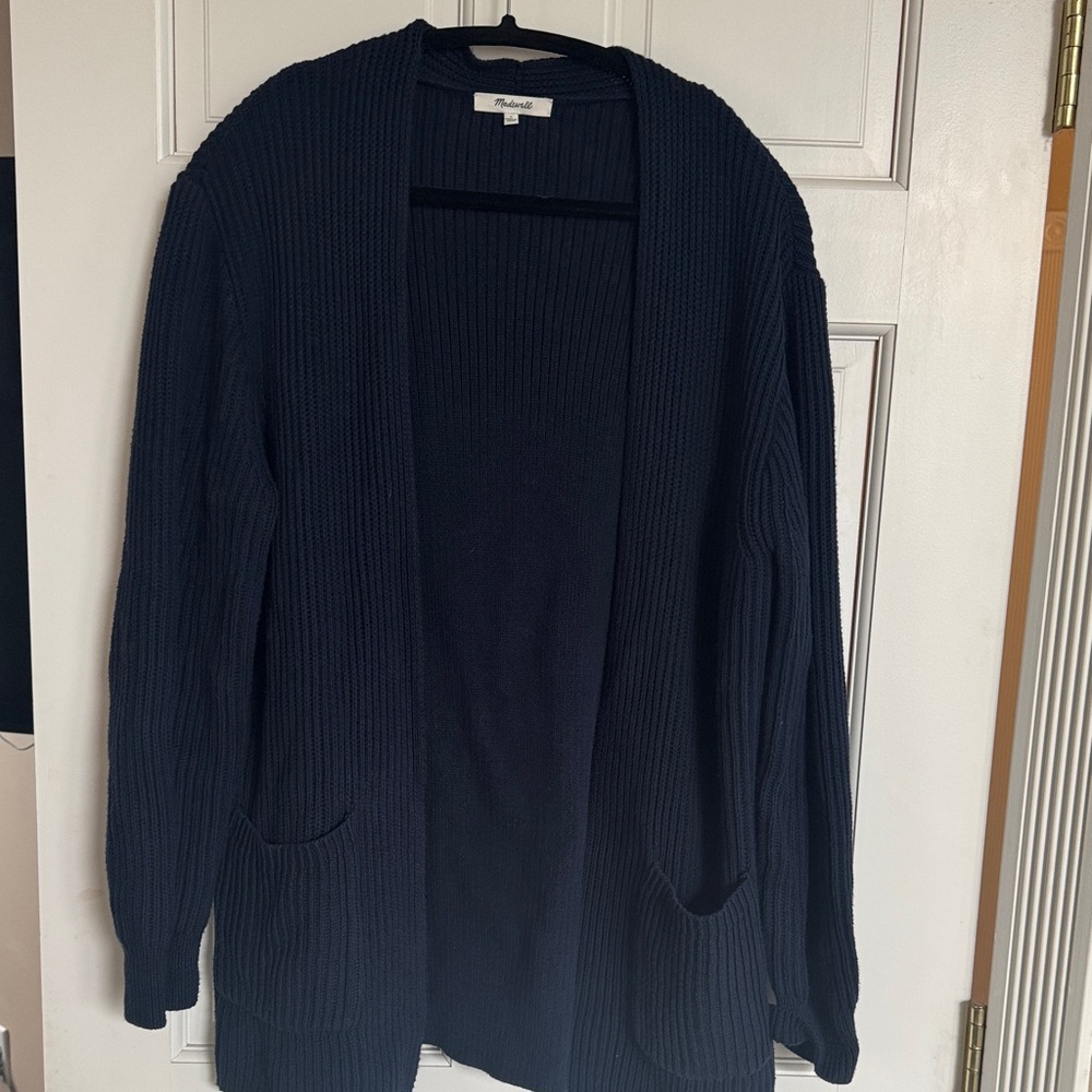 Madewell Dark Navy Ribbed Open-Front Cardigan with Pockets